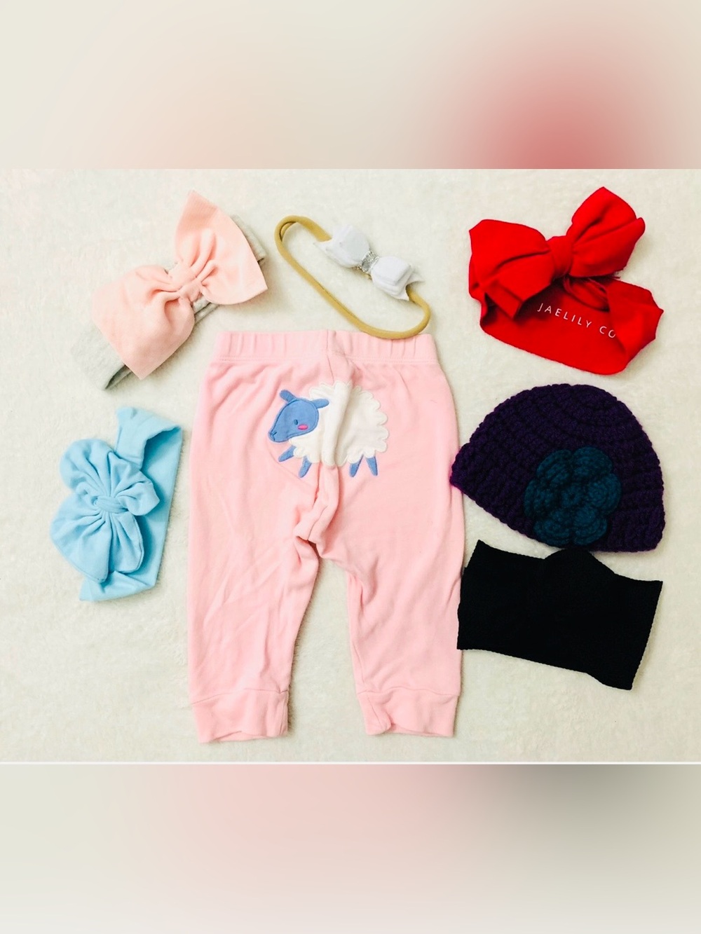 Lot of Baby Girl Hair Accessories & Pants Size 6-12 month Hat Headband